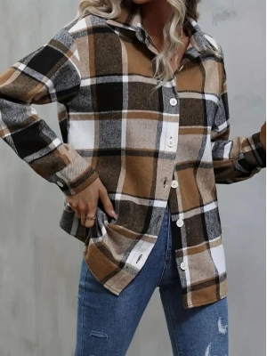 Kadın Uzun Kollu Kare Desenli önden Düğmeli Dokuma Gömlek