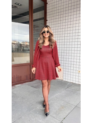 Kadın Uzun Kollu Kare Kalp Yakalı Mini Modal Elbise