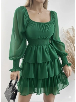 Kadın Uzun Kollu Kare Yaka Beli astikli Volanlı şifon Elbise