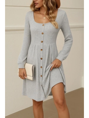 Kadın Uzun Kollu Kare Yaka Düğmeli Kısa şardonlu Iki Iplik Mini Elbise
