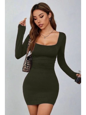 Kadın Uzun Kollu Kare Yaka Iç Göstermeyen ini Elbise