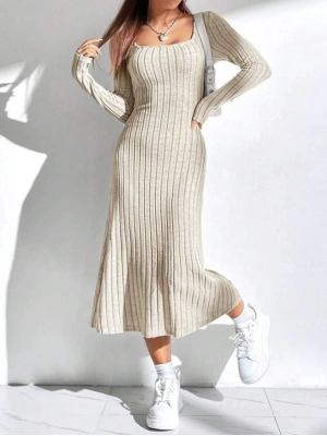 Kadın Uzun Kollu Kare Yaka Midi Kaşkorse Elbise