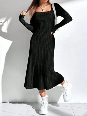 Kadın Uzun Kollu Kare Yaka Midi Kaşkorse Elbise