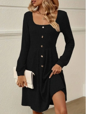 Kadın Uzun Kollu Kare Yaka önden Düğmeli Midi şardonlu Kaşkorse Elbise