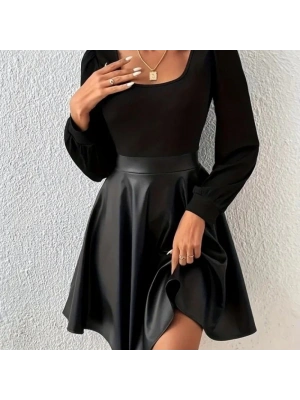 Kadın Uzun Kollu Kare Yaka üst Viskon Alt Deri Mini Elbise