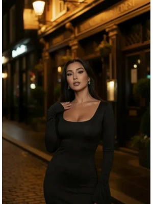 Kadın Uzun Kollu Kare Yaka Volanlı anşet Detay axi Boy Elbise