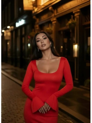 Kadın Uzun Kollu Kare Yaka Volanlı anşet Detay axi Boy Elbise