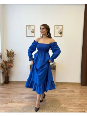 Kadın Uzun Kollu Kare Yakalı Gipeli Uzun Trikoton Elbise