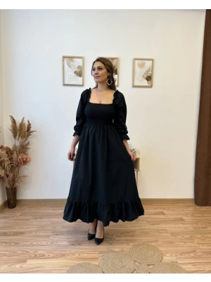 Kadın Uzun Kollu Kare Yakalı Gipeli Uzun Trikoton Elbise