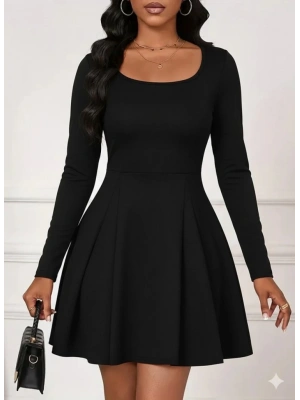 Kadın Uzun Kollu Kare Yakalı Mini Ithal Krep Elbise