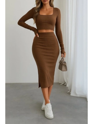 Kadın Uzun Kollu Kaşkorse Crop Ve Etek Takım