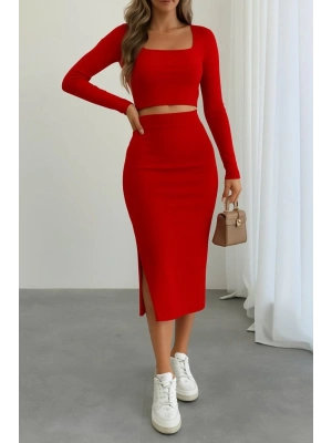 Kadın Uzun Kollu Kaşkorse Crop Ve Etek Takım