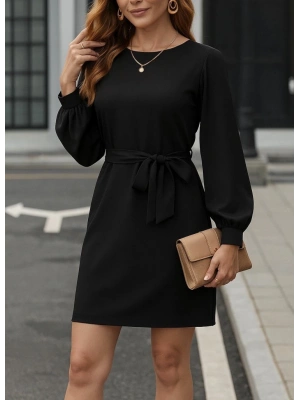 Kadın Uzun Kollu Kayık Yaka Belden Kuşaklı Kısa Ithal Krep Elbise