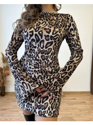 Kadın Uzun Kollu Kayık Yaka Leopar Baskılı Mini Elbise