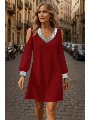 Kadın Uzun Kollu Kollar Tül V Yakalı Mini Janjan Krep Elbise