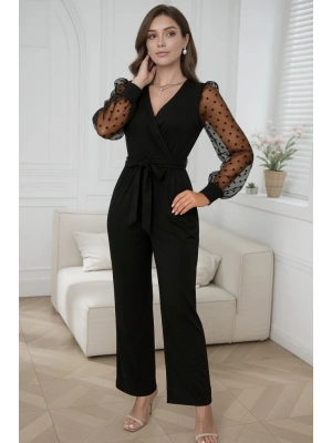 Kadın Uzun Kollu Kolları Tül Detaylı Kruvaze Yakalı Beli Kuşaklı Ithal Krep Tulum