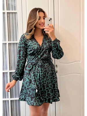 Kadın Uzun Kollu Kruvaze Yaka Belden Kuşaklı Leopar Desenli Dalgıç Elbise
