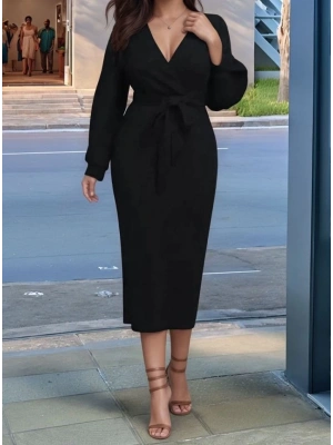 Kadın Uzun Kollu Kruvaze Yaka Belden Kuşaklı Midi Ithal Krep Elbise