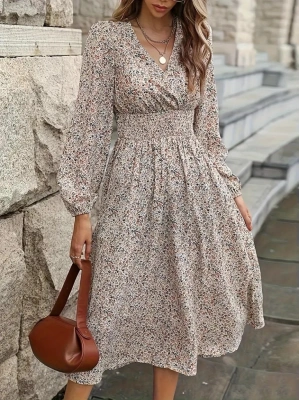 Kadın Uzun Kollu Kruvaze Yaka Beli Lastikli Kiloş Desenli Midi Süprem Elbise