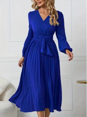 Kadın Uzun Kollu Kruvaze Yaka Belinde Toka Detaylı Pileli Uzun Ithal Krep Elbise