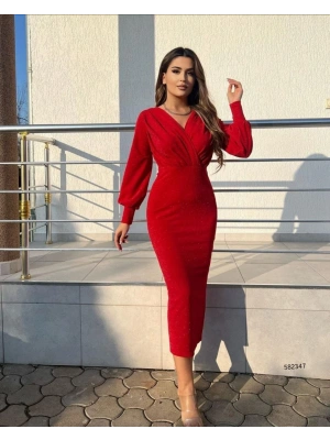 Kadın Uzun Kollu Kruvaze Yaka Büzgü Ve Balon Kol Detay imli Krep Kumaş Maxi Boy Elbise