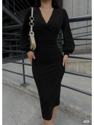 Kadın Uzun Kollu Kruvaze Yaka Büzgü Ve Balon Kol Detay Krep Kumaş axi Boy imli Elbise