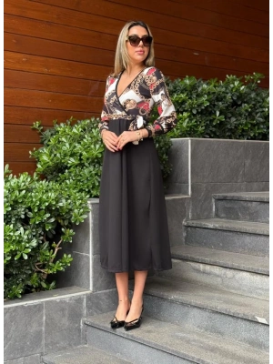 Kadın Uzun Kollu Kruvaze Yaka Dalgıç Krep Midi Boy Elbise