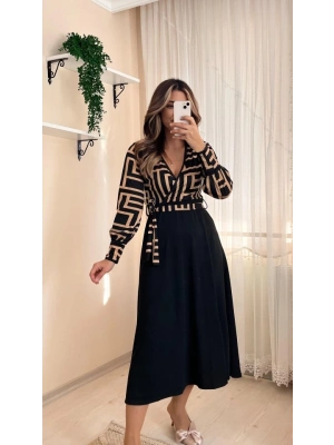 Kadın Uzun Kollu Kruvaze Yaka Dalgıç Krep Midi Boy Elbise