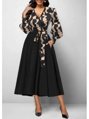 Kadın Uzun Kollu Kruvaze Yaka Dalgıç Krep Midi Boy Elbise