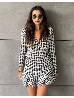 Kadın Uzun Kollu Kruvaze Yaka Kazayağı Mikro Mini Boy Elbise