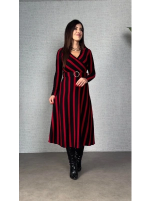 Kadın Uzun Kollu Kruvaze Yaka Kemer Dahil çizgili Triko Elbise