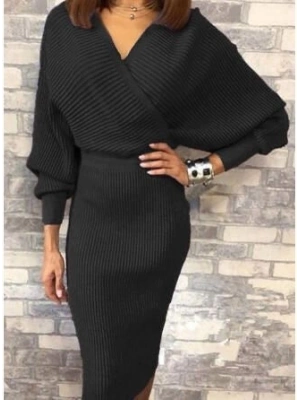 Kadın Uzun Kollu Kruvaze Yaka Triko Elbise