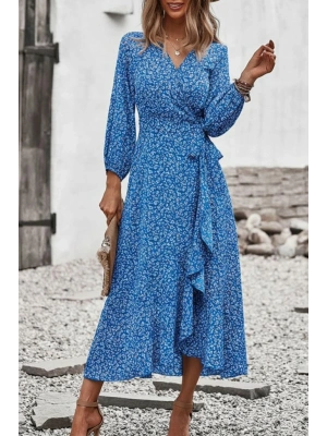 Kadın Uzun Kollu Kruvaze Yaka Yandan Bağlamalı önden Fırfır Detaylı Süprem Uzun Elbise