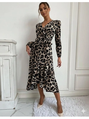 Kadın Uzun Kollu Kruvaze Yaka Yandan Bağlamalı önden Fırfır Detaylı Süprem Uzun Elbise