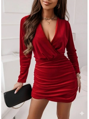 Kadın Uzun Kollu Kruvaze Yaka Yandan Büzgülü Mini Ithal Krep Elbise