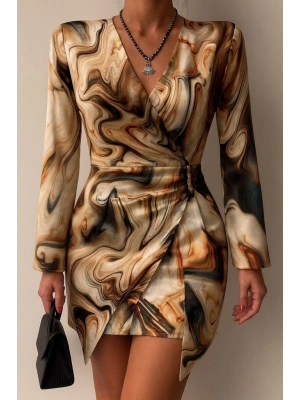 Kadın Uzun Kollu Kruvaze Yakalı Asimetrik Detaylı Mini Modal Elbise