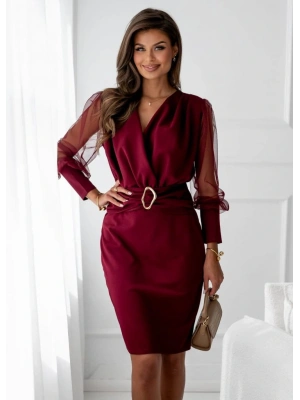 Kadın Uzun Kollu Kruvaze Yakalı Belden Kemerli Mini Ithal Krep Elbise
