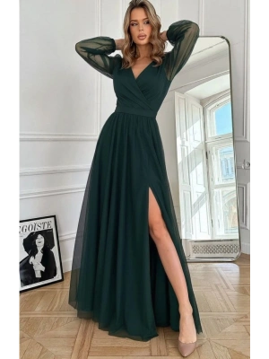 Kadın Uzun Kollu Kruvaze Yakalı Belden Kuşaklı Tüllü Uzun Ithal Krep Elbise