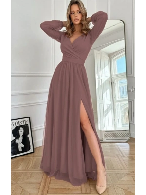 Kadın Uzun Kollu Kruvaze Yakalı Belden Kuşaklı Tüllü Uzun Ithal Krep Elbise