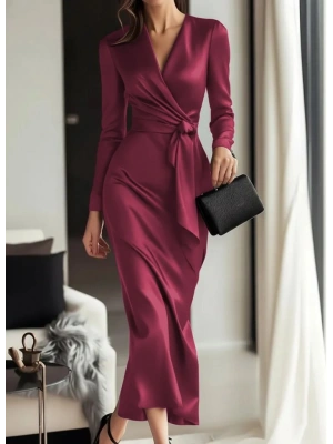 Kadın Uzun Kollu Kruvaze Yakalı Beli Kuşaklı Uzun Saten Elbise