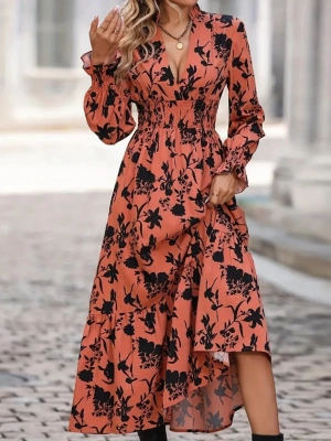 Kadın Uzun Kollu Kruvaze Yakalı çiçek Desenli Maksi Süprem Elbise