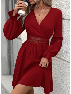 Kadın Uzun Kollu Kruvaze Yakalı Dantelli Fermuar Detaylı Mini Ithal Krep Elbise