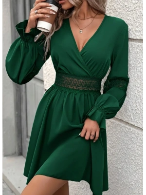 Kadın Uzun Kollu Kruvaze Yakalı Dantelli Fermuar Detaylı Mini Ithal Krep Elbise