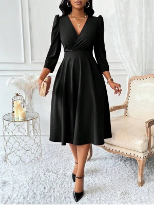 Kadın Uzun Kollu Kruvaze Yakalı Kiloş Ithal Krep Elbise