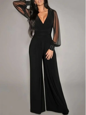 Kadın Uzun Kollu Kruvaze Yakalı Kolları Tüllü Viskon Tulum