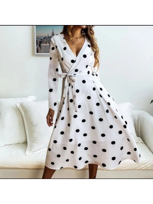 Kadın Uzun Kollu Kruvaze Yakalı Kuşaklı Puantiyeli Uzun Krep Elbise