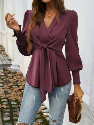 Kadın Uzun Kollu Kruvaze Yakalı önden Bağlamalı Ithal Krep Bluz