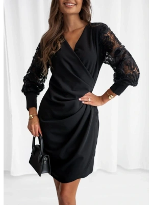 Kadın Uzun Kollu Kruvaze Yakalı önden çapraz Detaylı Kolları çiçek Dantel Detaylı Mini Ithal Krep Elbise
