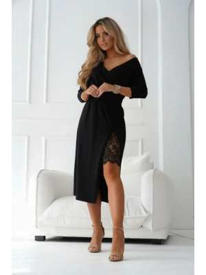 Kadın Uzun Kollu Kruvaze Yakalı Yandan Dantelli Midi Ithal Krep Elbise