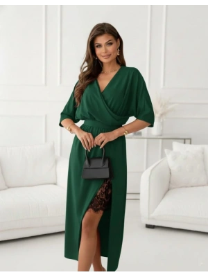 Kadın Uzun Kollu Kruvaze Yakalı Yandan Dantelli Midi Ithal Krep Elbise